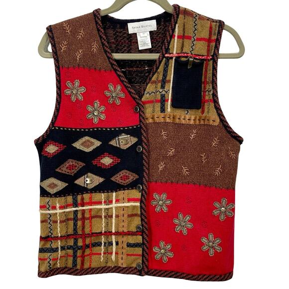 Vintage Y2K Susan Bristol Fall Embroidered Mixed Media Knit Vest Size Medium - Picture 1 of 11